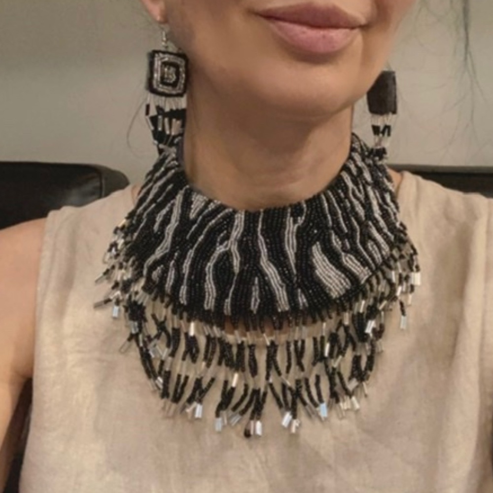 Unique Handcrafted Zebra Bib necklace with matching earrings